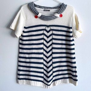 Vintage Katmai White Knit Blue Stripes Roll Neck Sailor Style Grandma Sweater L